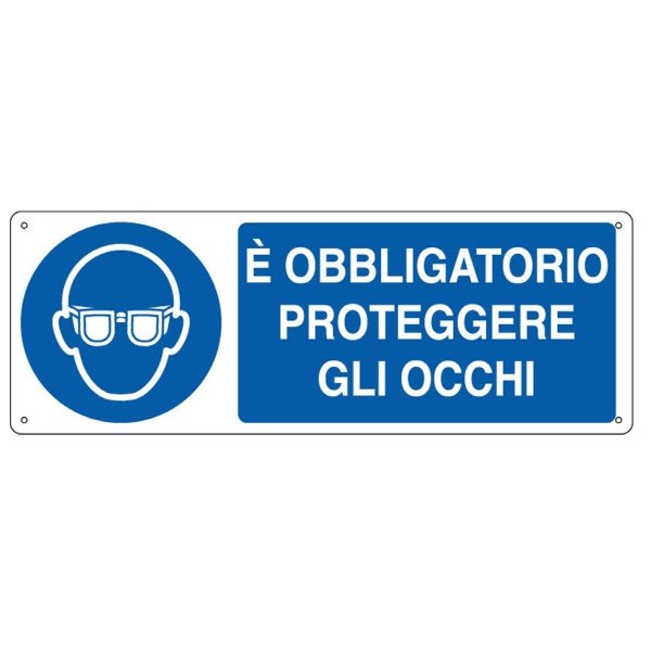 Cartello in alluminio E' obbligatorio proteggere gli occhi - F.to: 35x12,5 cm