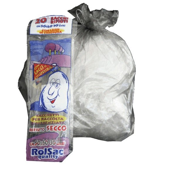 Conf. 20 sacchi per rifiuti colore trasparente neutro - 30 litri - F.to 50x60 cm