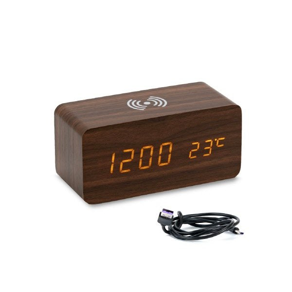 Sveglia led sound control 15X7X7 Cm + caricatore wireless - marrone