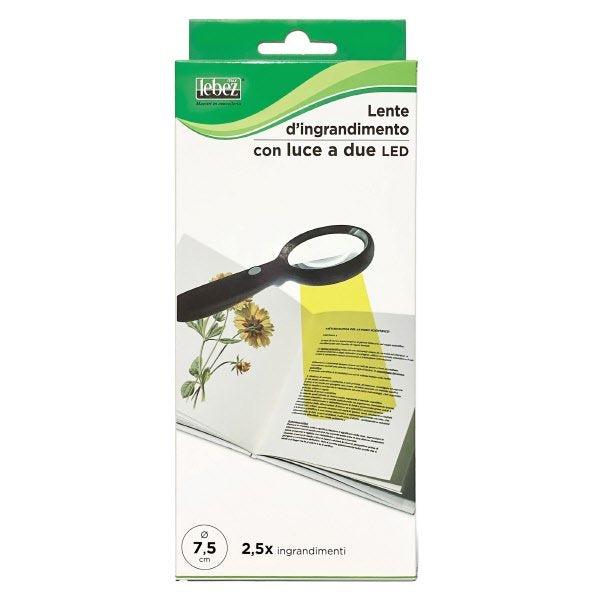 Lente di ingrandimento con led - lente grande diametro 7,5 cm - lente piccola 2 cm - nero