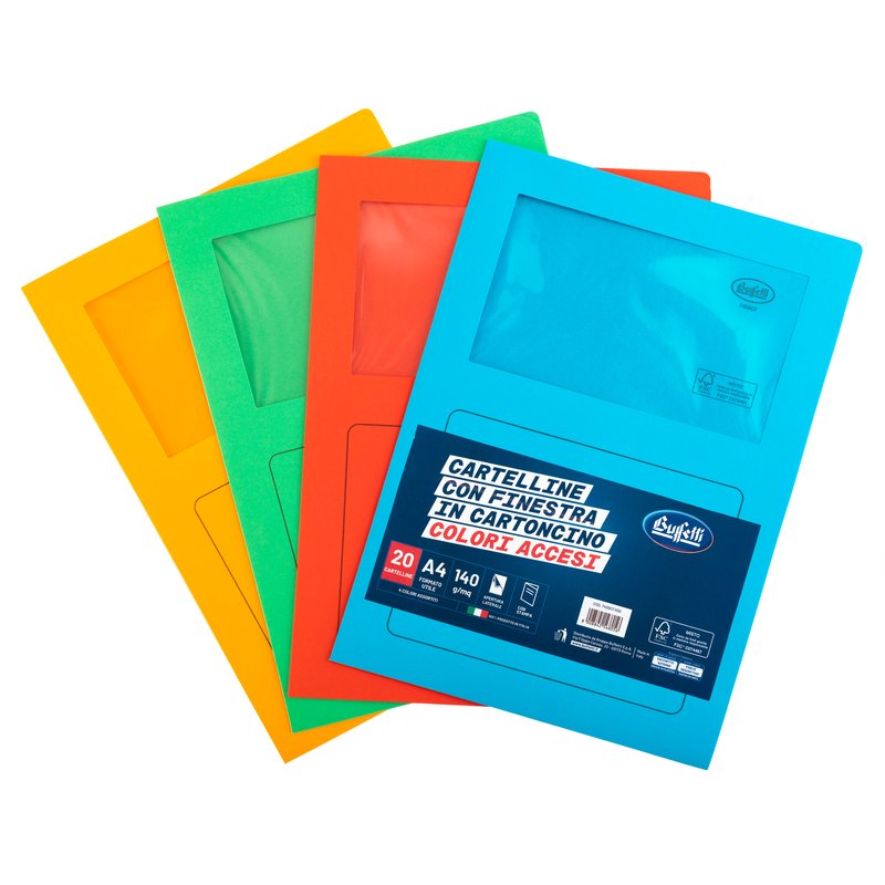 Cartelline con finestra  - cartoncino - 140 g/mq - 29,7x21 cm - colori assortiti - conf. 20 pz