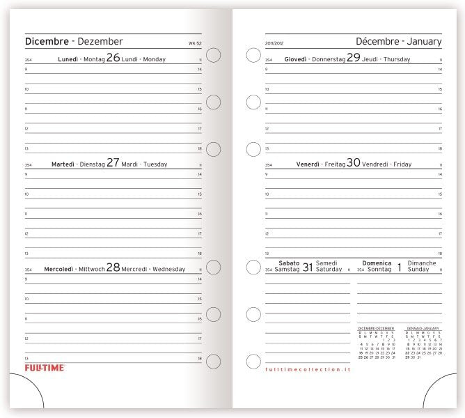 Refill organizer - Calendario settimanale - 2027 - carta bianca - formato piccolo - 7,7x12,7 cm