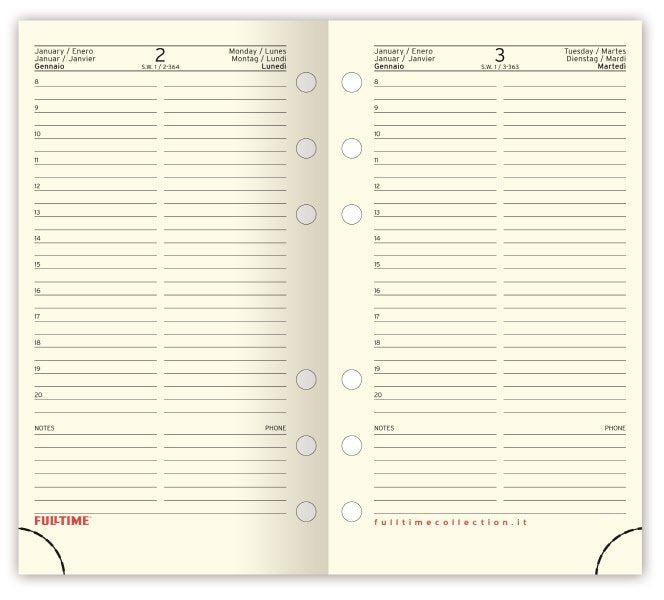 Refill organizer - Calendario giornaliero - 2027 - carta avorio - formato medio 9,5x17 cm