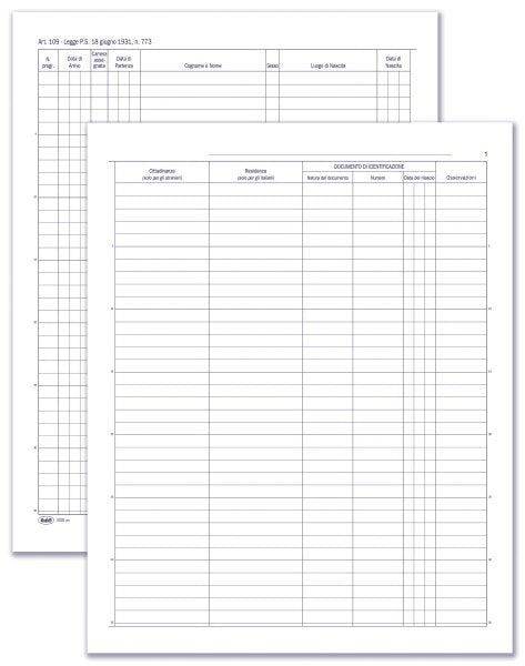 Registro Protocollo persone alloggiate (dati anagrafici clienti, estremi documento, data di arrivo/partenza) - 49 pagine prenumerate - 31x24,5 cm