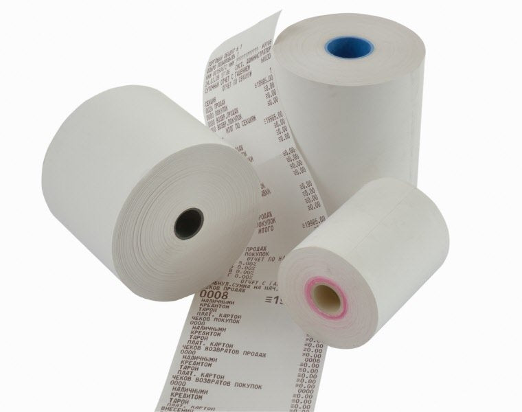Rotoli bolancia in carta termica adesiva 57,5 mm x 20 m x 25 mm - 55 g - SENZA BISFENOLI