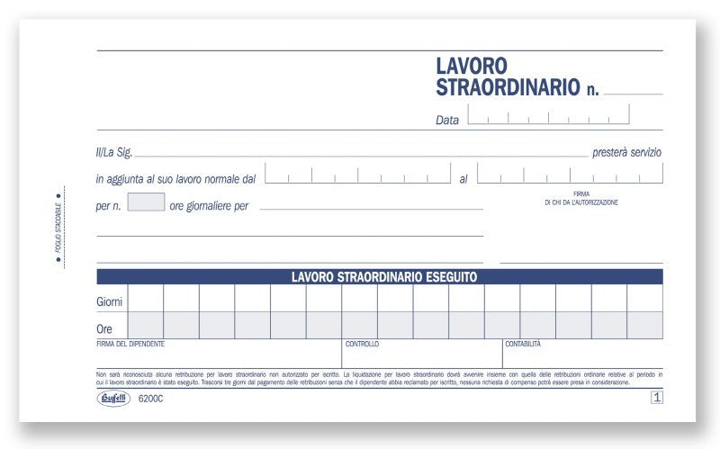 Autorizzazioni al lavoro straordinario - Blocco 50/50 fogli autoricalcante - 10x16,8 cm