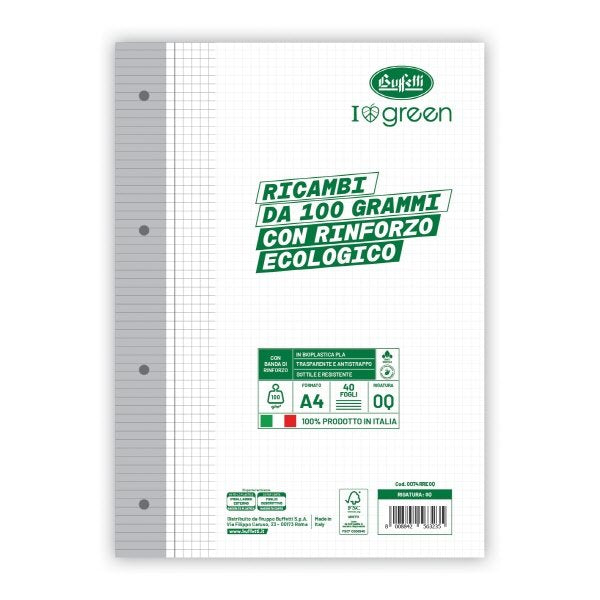 Ricambi rinforzati I love green - 100 g - banda ecologica - Rigatura 0Q - Quadretto da 5mm con margine