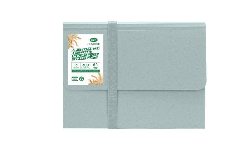 Classificatore a soffietto - bioplastica e pp riciclato - 12 scomparti - 21x29,7 cm - chiusura con elastico - celeste