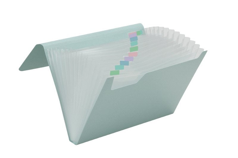 Classificatore a soffietto - bioplastica e pp riciclato - 12 scomparti - 21x29,7 cm - chiusura con elastico - celeste